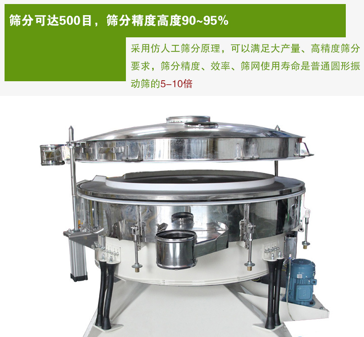 搖擺篩分機(jī)采用仿人工篩分原理，可以滿足大產(chǎn)量、高精度篩分 要求，篩分精度、效率、篩網(wǎng)使用壽命是普通圓形振 動(dòng)篩的5-10倍